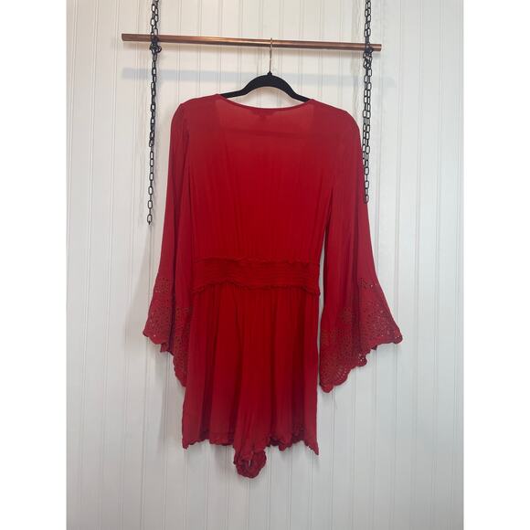 American Eagle Red Romper Tie Front Cut Out Bell Sleeve Smocked Ruffle Size M - Picture 3 of 8